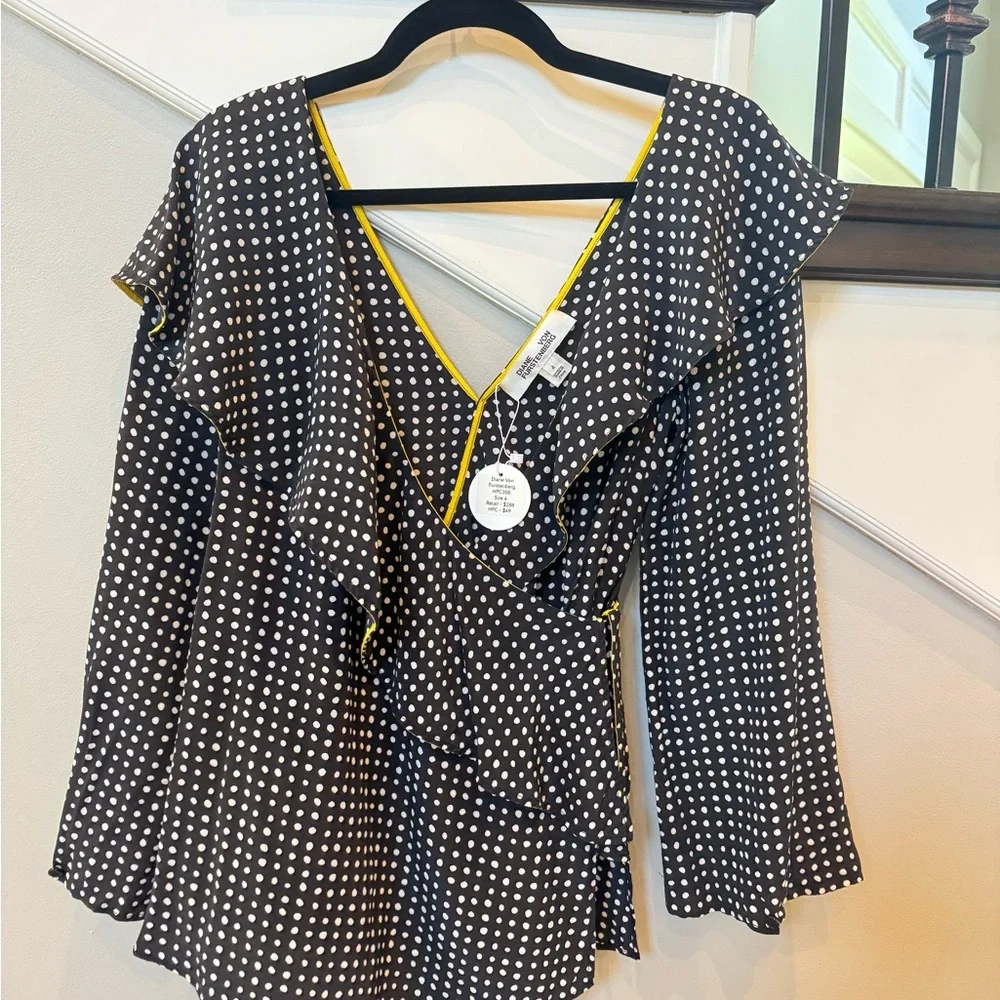 Diane Von Furstenberg Black and White Polka Dot Blouse with Yellow Trim - Picture 1 of 3